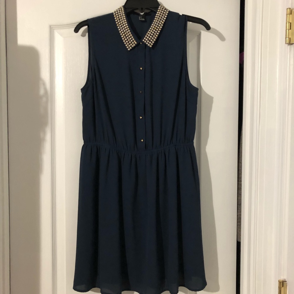 Navy blue button down dress with studded collar